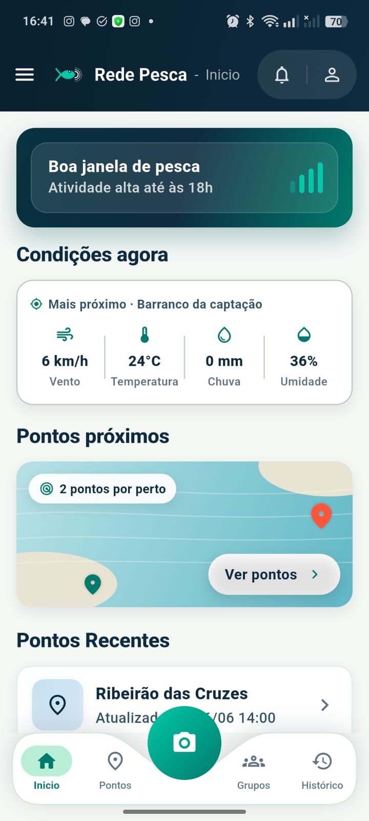 Tela do app Rede Pesca mostrando mapa de pontos, diário de capturas e grupos